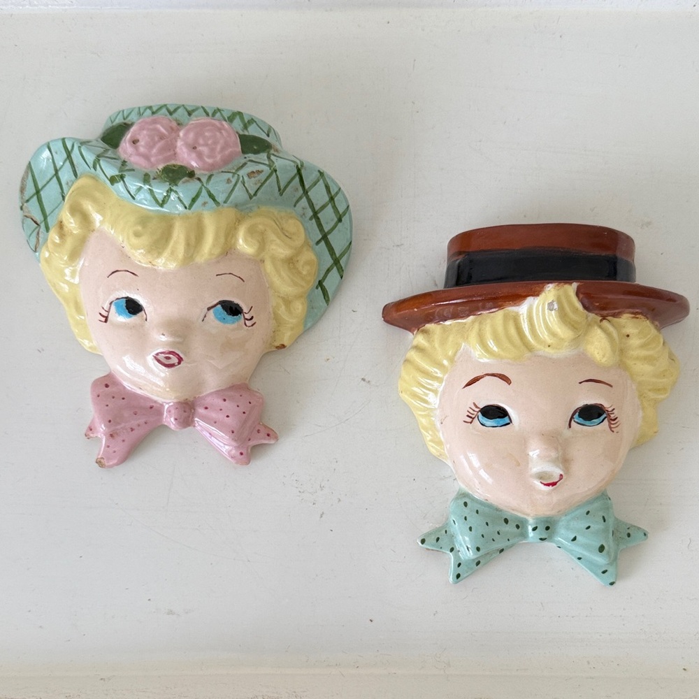 Vintage 1950s Kitschy Girl and Boy Ceramic Wall Pockets